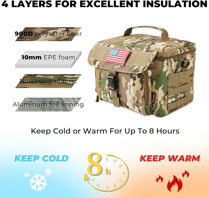 Ronyes Tactical Lunch Box for Men,Large Insulated Lunch Bag with Shoulder Strap,Heavy Duty lunchbox Cooler MOLLE Webbing, Leakproof Pail for Work Camping Fishing-Camo Brown