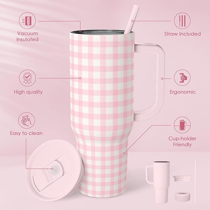 Pink Gingham 40oz Slider Tumbler with Handle and Straw - Insulated Stainless Steel Travel Coffee Mug for Women Girls, Gift for Birthday, Christmas