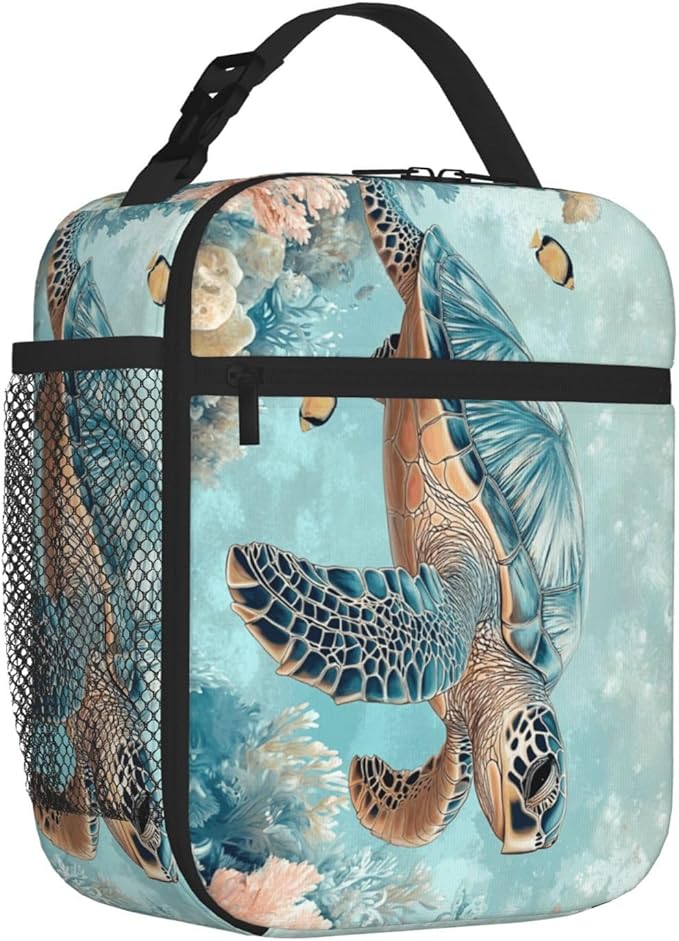 SUPLUCHOM Lunch Bag Turtle Sea Coral Ocean Insulated Bento Box Cooler with Side Pocket for Girl Boy Women Men Work School Picnic Hiking Daytrip