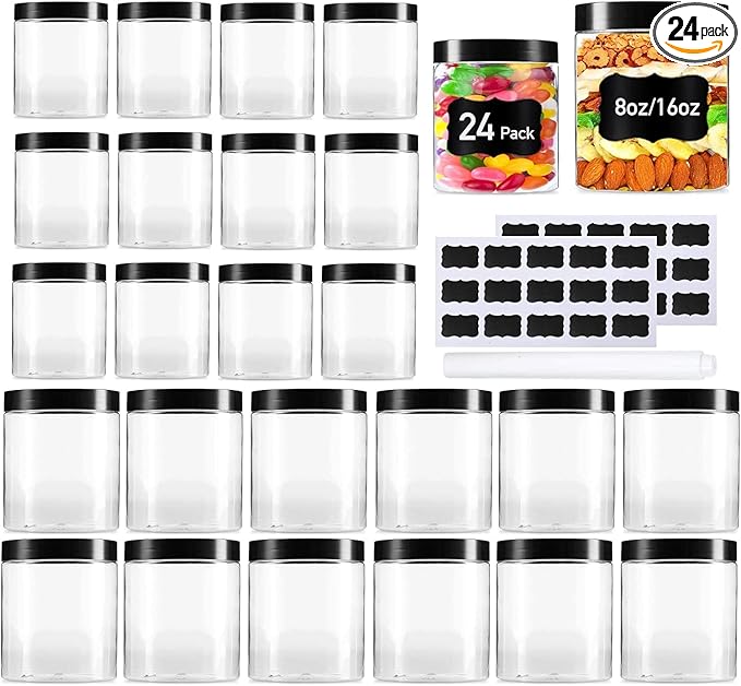 Vivimee 24 Pack Plastic Jars with Lids 16 oz (12 Pack) & 8 oz (12 Pack), Clear Plastic Mason Jars, Leakproof Slime Containers for Peanut, Spice, Cookie, Candy and Dry Food, Empty Jars for Storage