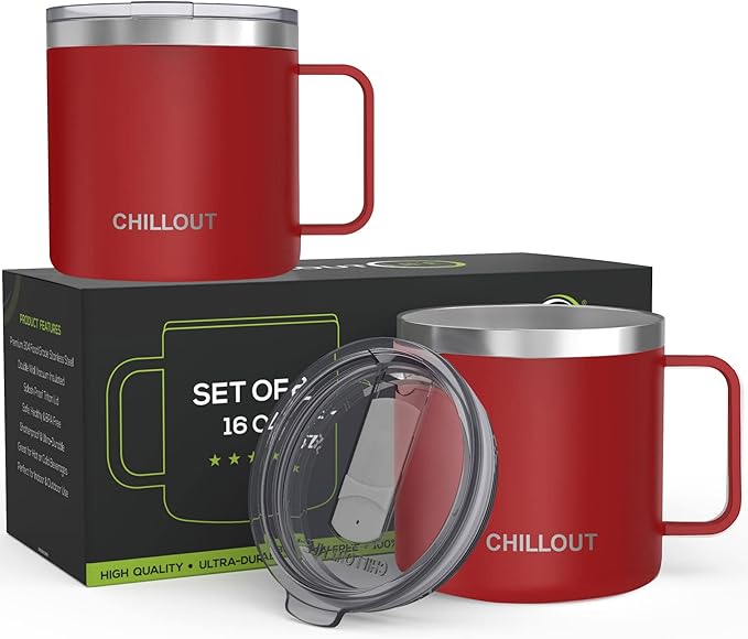CHILLOUT LIFE Stainless Steel 16 oz Vacuum Insulated Coffee Mug with Handle and Lid, Large Thermal Camping Coffee Mugs with Sliding Lid for Men & Women, Keeps your Beverages Hot/Cold, 2 Pack