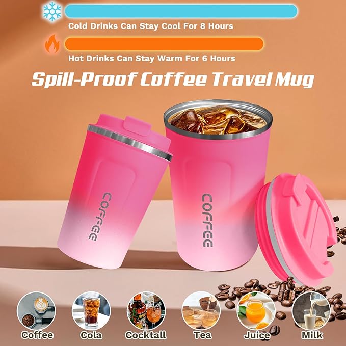 Travel coffee mugs leak-proof, reusable coffee cups with lids, stainless steel vacuum thermos coffee tumblers,thermal insulation cups for men and women hot & cold drinks (2nd-Red White, 12OZ)