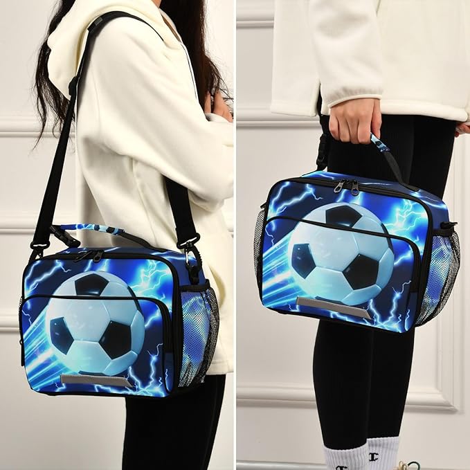 ALAZA Soccer Kids Lunch Box, Blue Lightning Lunchbox Insulated Reusable Meal Container Lunch Bag with Shoulder Strap for School Girls Boys