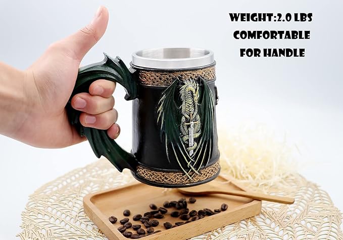 18oz Gift Green Dragon with Sword Beer Mug Stainless Steel Coffee Mug Norse Gothic Decor Viking Festival Gift GOT Dragon Decor