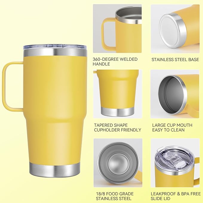 20 oz Stainless Steel Tumbler with Handle Bulk Metal Insulated Tumblers Travel Coffee Mug with Handle Double Wall Tumbler Cup with Lid and Straw, Yellow 6 Pack