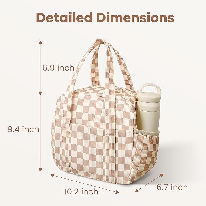 Yarnic Lunch Bag Women Men Insulated, Large Corduroy Lunch Box for Work with Bottle Pockets, Stylish Reusable Cooler Tote for Adults Teachers Picnic Hiking (Checkered Brown)