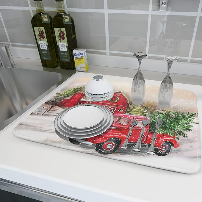 Red Truck Dish Drying Mat Xmas Tree Dish Drainer Rack Mat Winter Microfiber Absorbent Drying Pad for Home Kitchen Counter Decor 18x24 Inch