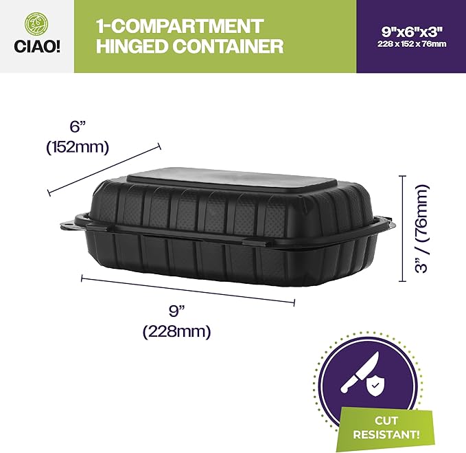 CIAO! 9"x6"x3" MFPP Black Hinged Container With Lid 1 Compartment (Case of 200)