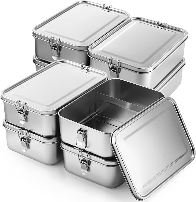Umigy 8 Pcs Stainless Steel Food Containers 1400ml Metal Bento Lunch Box Stainless Steel Food Storage Containers, Lockable Clips to Leak Proof, Reusable Dishwasher Snack Boxes for Work