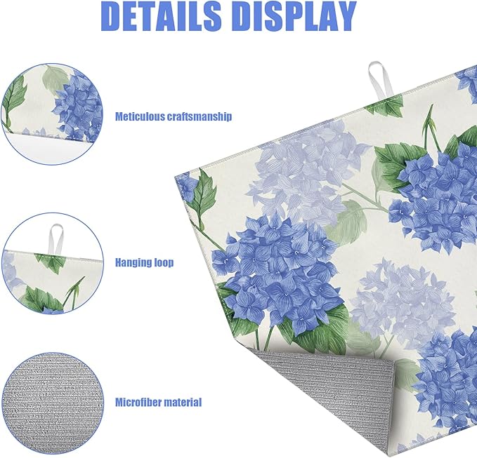Blue Hydrangea Dish Drying Mat for Kitchen Counter Spring Floral Drying Pad Absorbent Reversible Dish Drainer Rack Mats Draining Pad 18"x24"Inch
