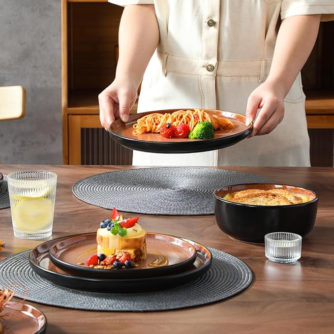 vancasso Plates and Bowls Sets, 24 Pieces Stoneware Dinnerware Sets for 8, Kitchen Dish Set Mircowave and Dishwasher Safe Dinner Set Ceramic Dishware, Brown, Series AMBER