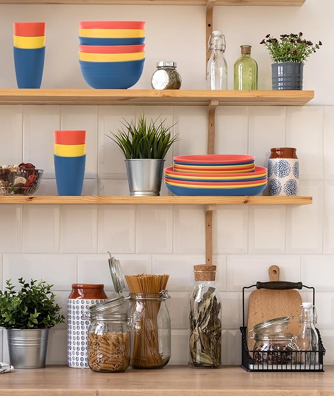 Quatish 24 Piece Plates and Bowls Sets for 6, Unbreakable Dinnerware Sets, Plastic Dish Set for Camping, Dishwasher Microwave Safe, Outdoor Kitchen and Apartment Dinning RV Essentials, Multi