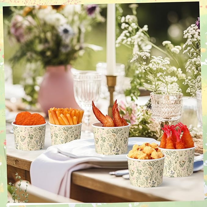 50 Pack Wildflower Treat Snack Cups Paper Floral Ice Cream Cups 9 oz Fall Flowers Disposable Dessert Bowls Paper Soup Bowls for Hot or Cold Food Wedding Baby Shower Birthday Party Supplies