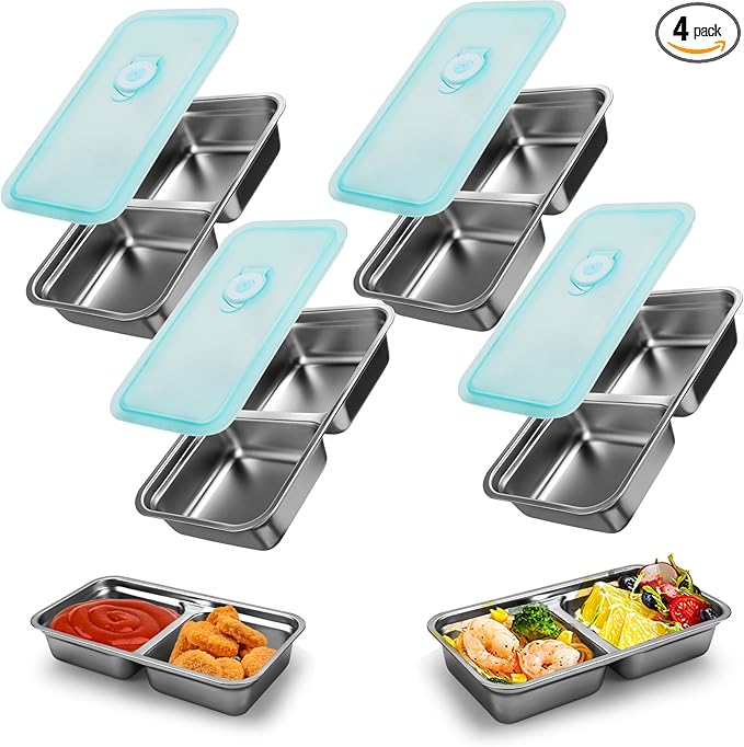 Stainless Steel Reusable Snack Containers with Lids, Grab and Go Double Compartments Snackle Box Containers, Small Sauce Condiment Containers for Travel,School,Camping, Dishwasher Safe, 4 Pack, 15.2oz