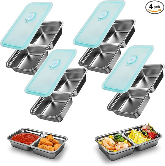 Stainless Steel Reusable Snack Containers with Lids, Grab and Go Double Compartments Snackle Box Containers, Small Sauce Condiment Containers for Travel,School,Camping, Dishwasher Safe, 4 Pack, 15.2oz
