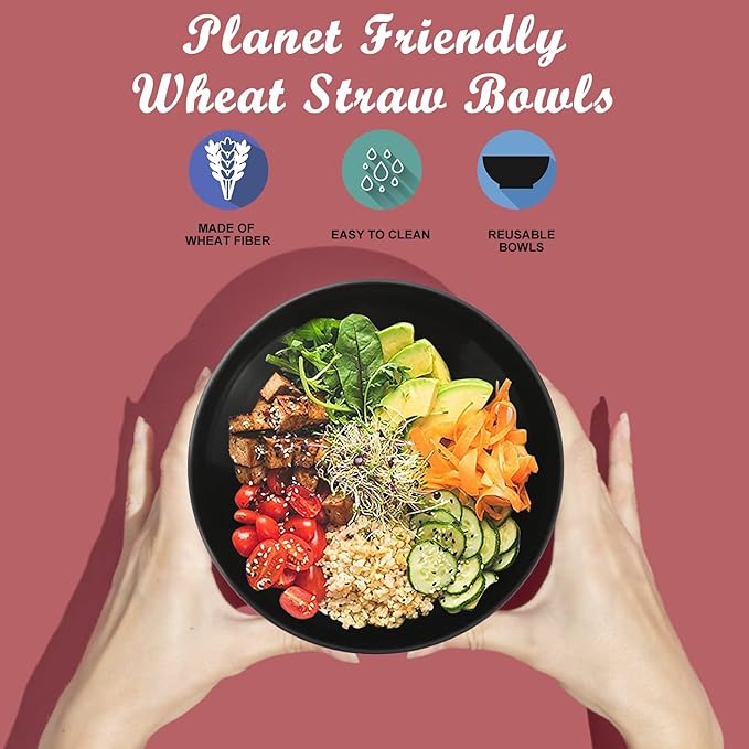Wrova Wheat Straw Bowl Sets,6 PCS Unbreakable Cereal Bowl 36 OZ,Microwave and Dishwasher Safe Bowls,Soup Bowl Sets BPA Free Apartment Bowl for Serving Cereal,Oatmeal and Salad (Black)