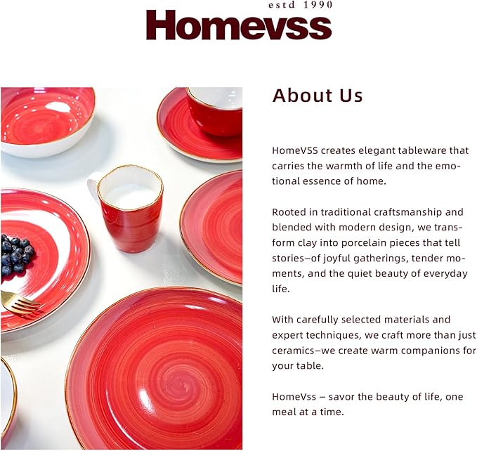 Highland 16-Piece Dinnerware Set Service for 4, Organic Shape Stoneware Plates and Bowls Set, Scratch Resistant, Microwave and Dishwasher Safe, Speckled Effect Handcrafted, Swirl Red