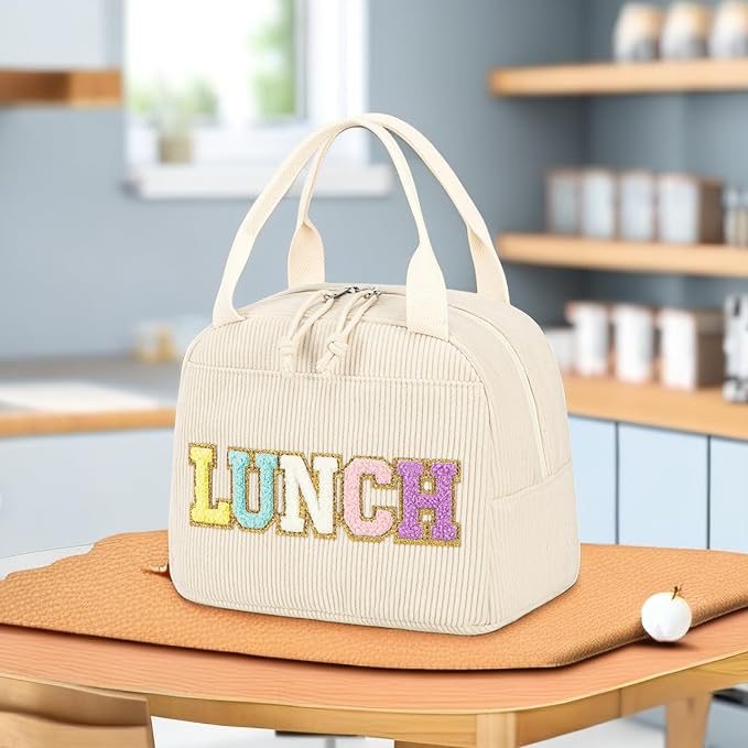 Bluboon Lunch Bag for Women Men Cute Corduroy Lunch Tote Bags Reusable Insulated Lunch Box Large Capacity Reusable Insulated Cooler for Work Picnic or Travel (Corduroy beige+lunch)