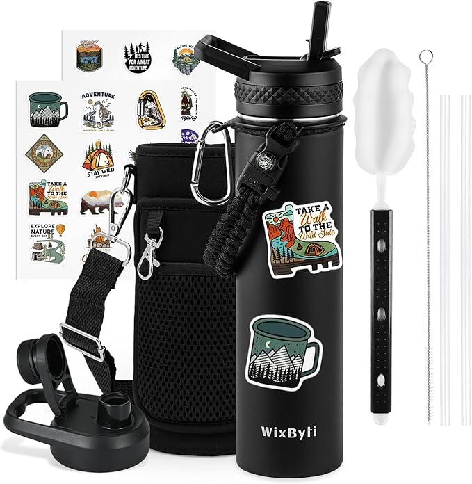 24 oz Insulated Water Bottle with Straw (Cold for 48 Hrs), Stainless Steel Triple Wall Vacuum Sports Water Jug, Leakproof Hydro Cup Flask with Paracord Handle & Straw Spout Lids & DIY Stickers