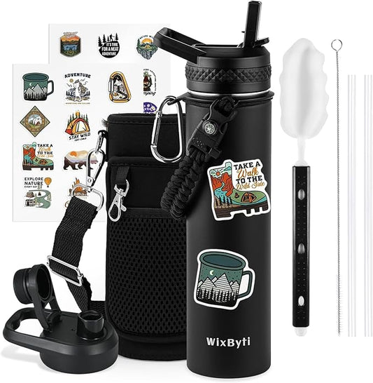 24 oz Insulated Water Bottle with Straw (Cold for 48 Hrs), Stainless Steel Triple Wall Vacuum Sports Water Jug, Leakproof Hydro Cup Flask with Paracord Handle & Straw Spout Lids & DIY Stickers