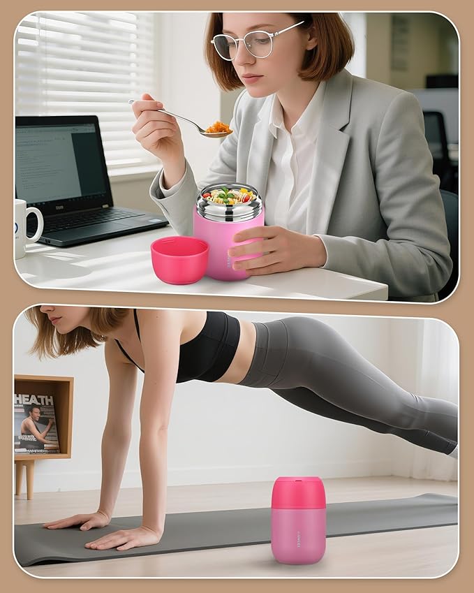 17oz Soup Thermo for Hot Food Adults Insulated Food Jar Thermo Hot Food Lunch Container Wide Mouth Stainless Steel Lunch Box for Kids with Folding Spoon Cleaning Brush Pink