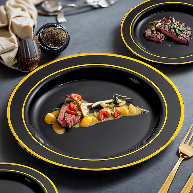 bUCLA 150 Pieces Black and Gold Disposable Dinnerware Set - 25 Guests Black Gold Plastic Plates Include 25 Dinner & 25 Dessert Plates, 25 Spoons, 25 Forks, 25 Knives, 25 Cups for Party & Halloween