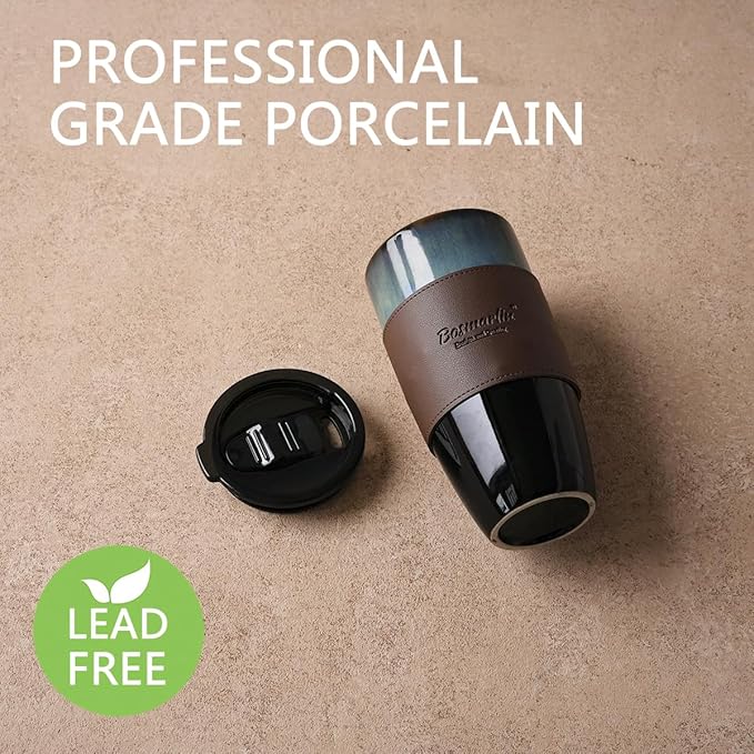 Bosmarlin Ceramic Travel Coffee Mug with Lid, 21 oz, Portable Coffee Cup for Car Cup Holder, Microwave and Dishwasher Safe, Reactive Glaze