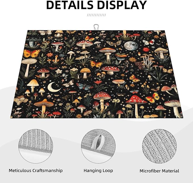 Black Forest Mushroom Butterfly Dish Drying Mats, Absorbent Microfiber Cute Decorative Kitchen Counter Mat, Washable, Reusable, Foldable for Dishes Utensils, Small Appliances, Home Decor, 18 x 24 inch