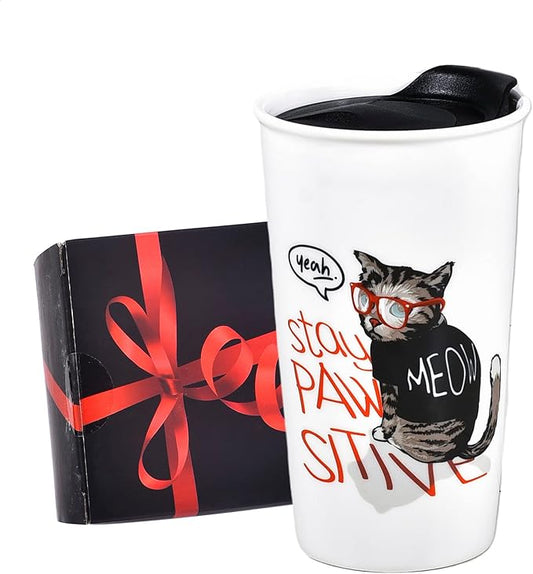 Ceramic Travel Coffee Mug, Reusable White Mug Unique To Go Coffee Cup with Splash Resistant Lid, Cute Travel Mugs for Cat Mon Dad Cat Lovers, 12 Ounce, Funny MEOW with Glasses Decor (Stay Paw Sitive)