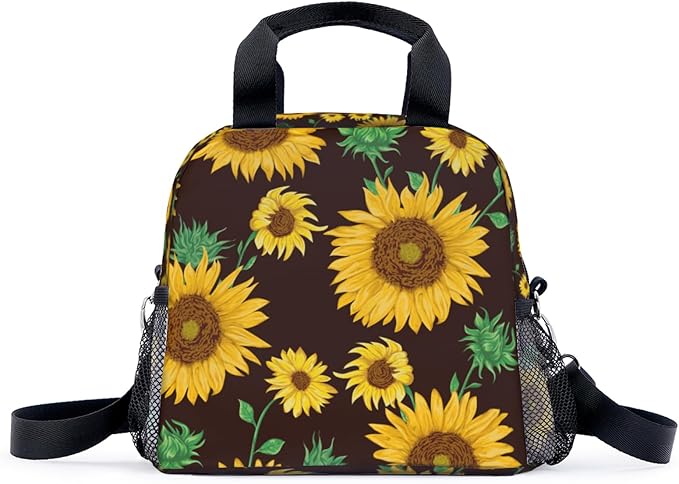 Yellow sunflower Lunch Bag for Women Men Cute Large Capacity Thermal Lunch Tote Reusable Washable with Adjustable Shoulder Strap and Dual Large Mesh Side Pockets