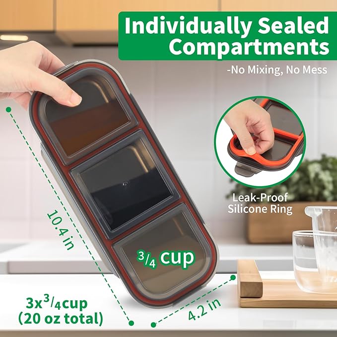 Stainless Steel Snack Containers, 3-Compartment Metal Snackle Box for Kids & Adults, Grey Reusable Condiment Box with Lids, Divided Food Storage Container for School, Work, Home & Travel