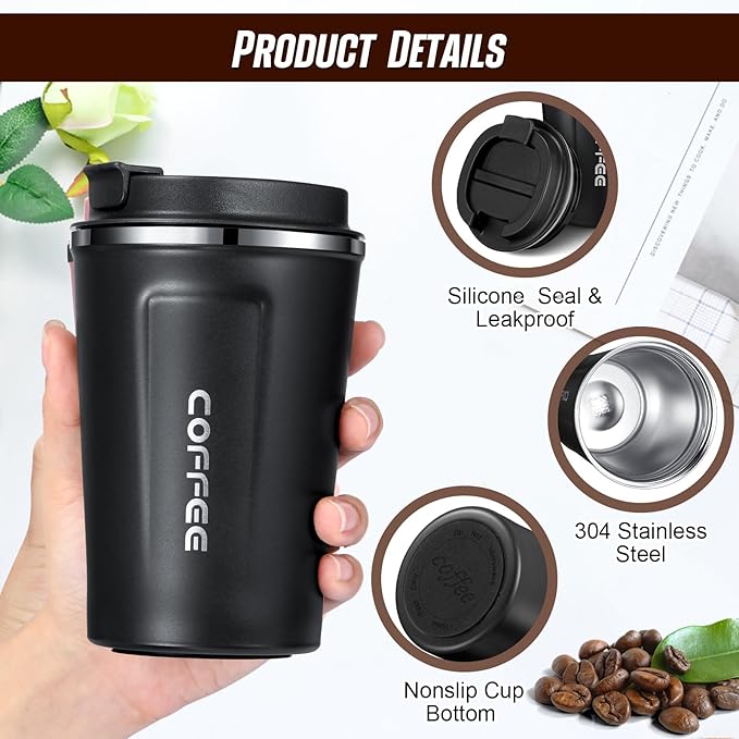 Sieral 4 Pcs 13 oz Travel Coffee Mug Insulated Reusable Coffee Cups with Leakproof Lid Stainless Steel Portable Tumbler for Keep Hot or Ice Milk Tea(Black)