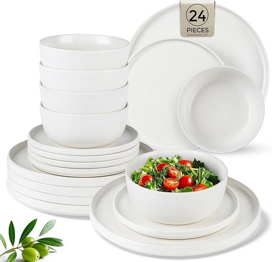 AmorArc Stoneware Dinnerware Sets for 8,Reactive Ceramic Plates and Bowls Set,Highly Chip and Crack Resistant | Dishwasher & Microwave Safe | Round Dishes Set Service for 8 (24pc),Matte White