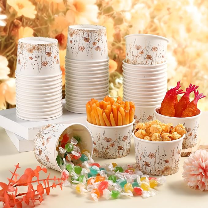 50 Pack Fall Wild Flowers Treat Snack Cups Fall Floral Paper Ice Cream Cups 9 oz Watercolor Disposable Dessert Bowls for Hot or Cold Food Autumn Wedding Baby Shower Birthday Party Supplies