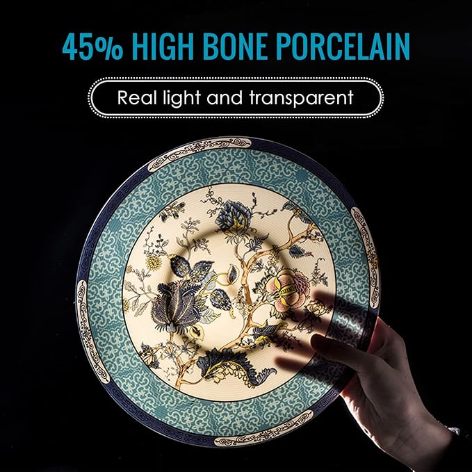 ACMLIFE Bone China Dinnerware Set for 4, 12-Piece Vintage Floral Dinnerware Set, Kitchen Plates and Bowls Set, Christmas Gifts for Women (Blue)