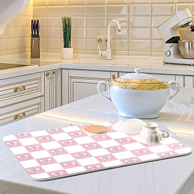 Pink White Bow Checkered Dish Drying Mat for Kitchen Counter Absorbent Dish Drainer Mats Drying Pads 18"x24"