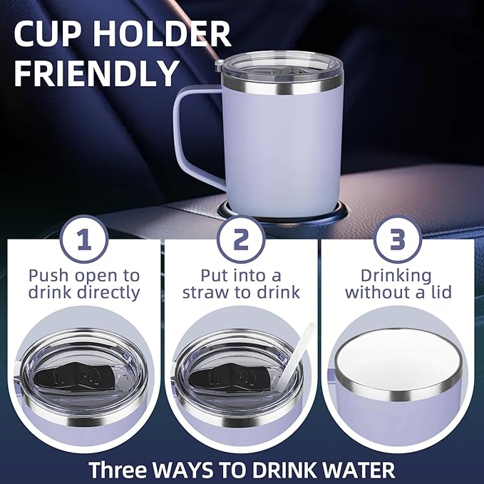 20 oz Insulated Coffee Mug with Ceramic Coating, Stainless Steel Travel Mug Tumbler with Handle Lid and Straw, Double Wall Leak-Proof Coffee Travel Mug Keeps Drink Hot and Cold (Light Purple)