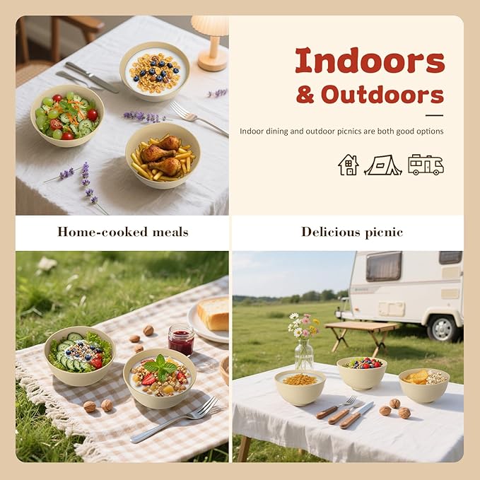 Wrova 6-piece Wheat Straw Bowls sets 26oz,Alternative Plastic Bowls Reusable for indoors and outdoors,Microwave-able and Dishwasher Safe Bowls Sets Easy to Clean.Beige Series