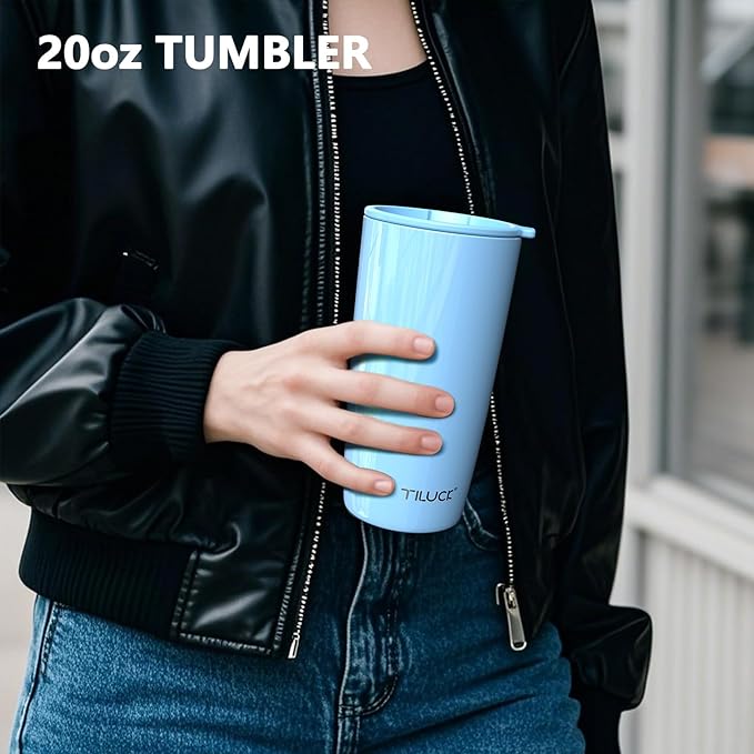 TILUCK 20 oz Tumbler with Leak-Proof Lid, Vacuum Insulated Stainless Steel Coffee Mug, Double-Walled Travel Tumbler for Hot and Cold Drinks(GlitterBlue, 20oz)