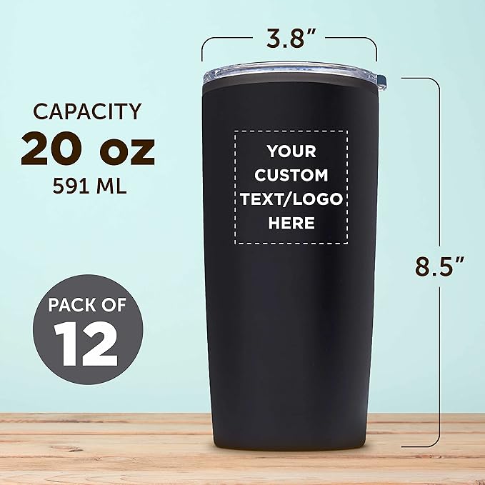 Custom Plastic Tumblers 20 oz. Set of 12, Personalized Bulk Pack - With lids, Ice Coffee Tumbler, To Go Cup, Insulated - Black