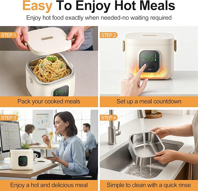 Wireless Portable Adult Electric Lunch Warmer Powered By 14000mAh Battery Self-Heating Food Warmer Type-C Rechargeable Port 0.8L Portable Self-Heating Food Warmer Ideal for Office Camping Outdoor
