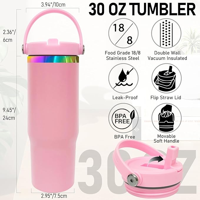 30 oz Tumbler Bulk with Handle and Straw, Vacuum Insulated Tumblers with Flip Straw and Top Handle, Leakproof Powder Coated Tumbler, Stainless Steel Travel Mug for Coffee Water (Pink, 4 Pack)