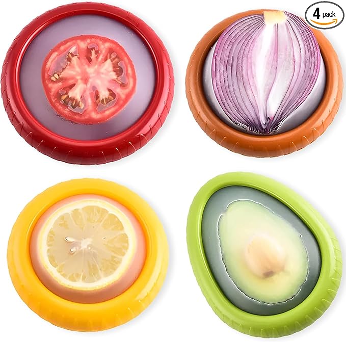 Set of 4 Reusable Fresh Pods – Anti-Oxidation Silicone Food Savers for Avocado, Onion, Tomato, Lemon & Garlic | BPA-Free Airtight Vegetable & Fruit Storage Containers for Fridge