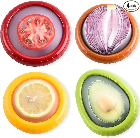 Set of 4 Reusable Fresh Pods – Anti-Oxidation Silicone Food Savers for Avocado, Onion, Tomato, Lemon & Garlic | BPA-Free Airtight Vegetable & Fruit Storage Containers for Fridge