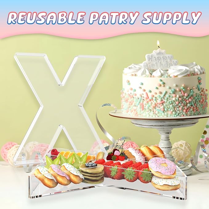 11" Acrylic Letter Charcuterie Box, Reusable Fillable Alphabet Number Shaped Form Tray for Birthday Anniversaries, Party Decorative Serving Plates Display Candy Cake (X)