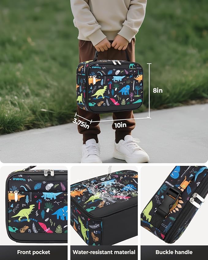 Tuwubi Kids Lunch Bag Insulated Lunch Box for Kids Small Lunch Bag for Boys/Girls Durable Lunchbox for School,Black Dinosaur 10-Can(5L)