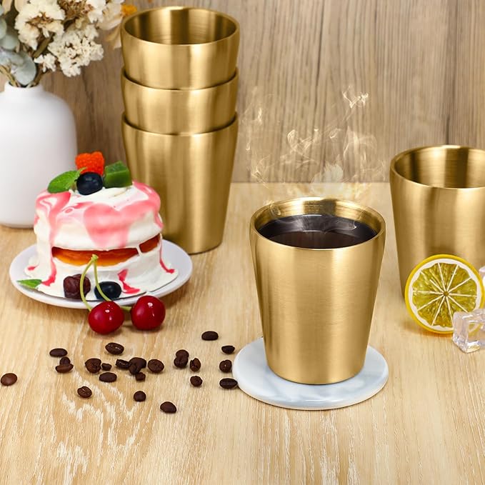 8 Pack Stainless Steel Insulated Cup Metal Tumbler Double Wall Vacuum Water Glasses Camping Reusable Mugs Bbq Home Office Party Coffee (Gold,10 oz)