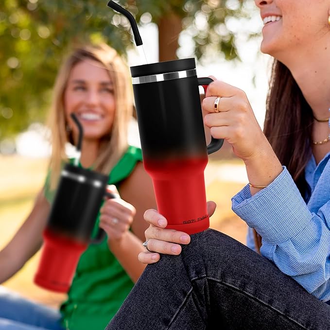 40oz Tumbler with Handle and Straw Spout 2-in-1 Lid, Spill Leak Proof Insulated Travel Cup Traveler Water Mug Keep Cold Hot, Dishwasher Safe Stainless Steel Bottle Gifts for Women Men, Black Red