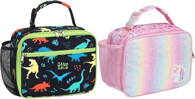 Bagseri 2 Packs Kids Lunch Bag for Girls and Boys - Insulated Kids Lunch Box for Daycare and School Reusable Meal Tote Bag with Water Bottle Holder, Black Dinosaur and Pink Unicorn