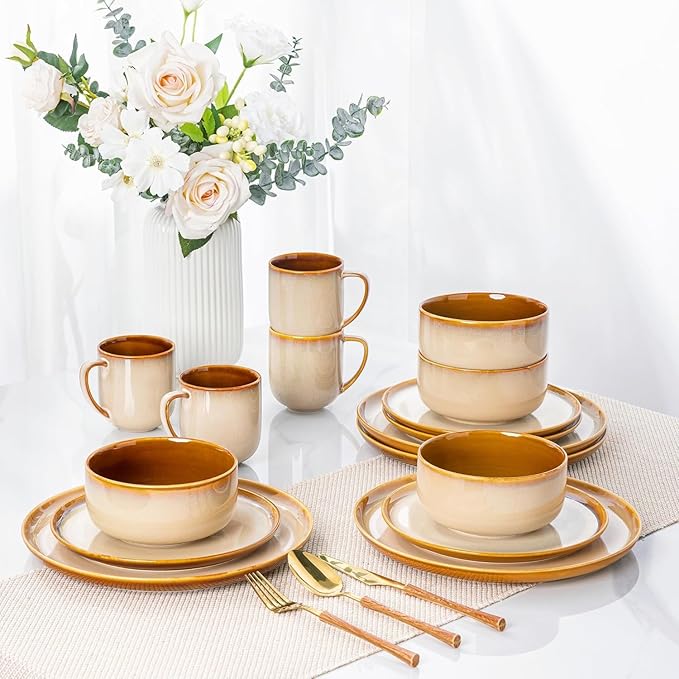 LERATIO Ceramic Dinnerware Sets for 12, 36 Pieces Plates and Bowls Sets, Reactive Glaze Dishes -Scratch Resistant, Dishwasher&Microwave Safe&Oven Safe-Kahki